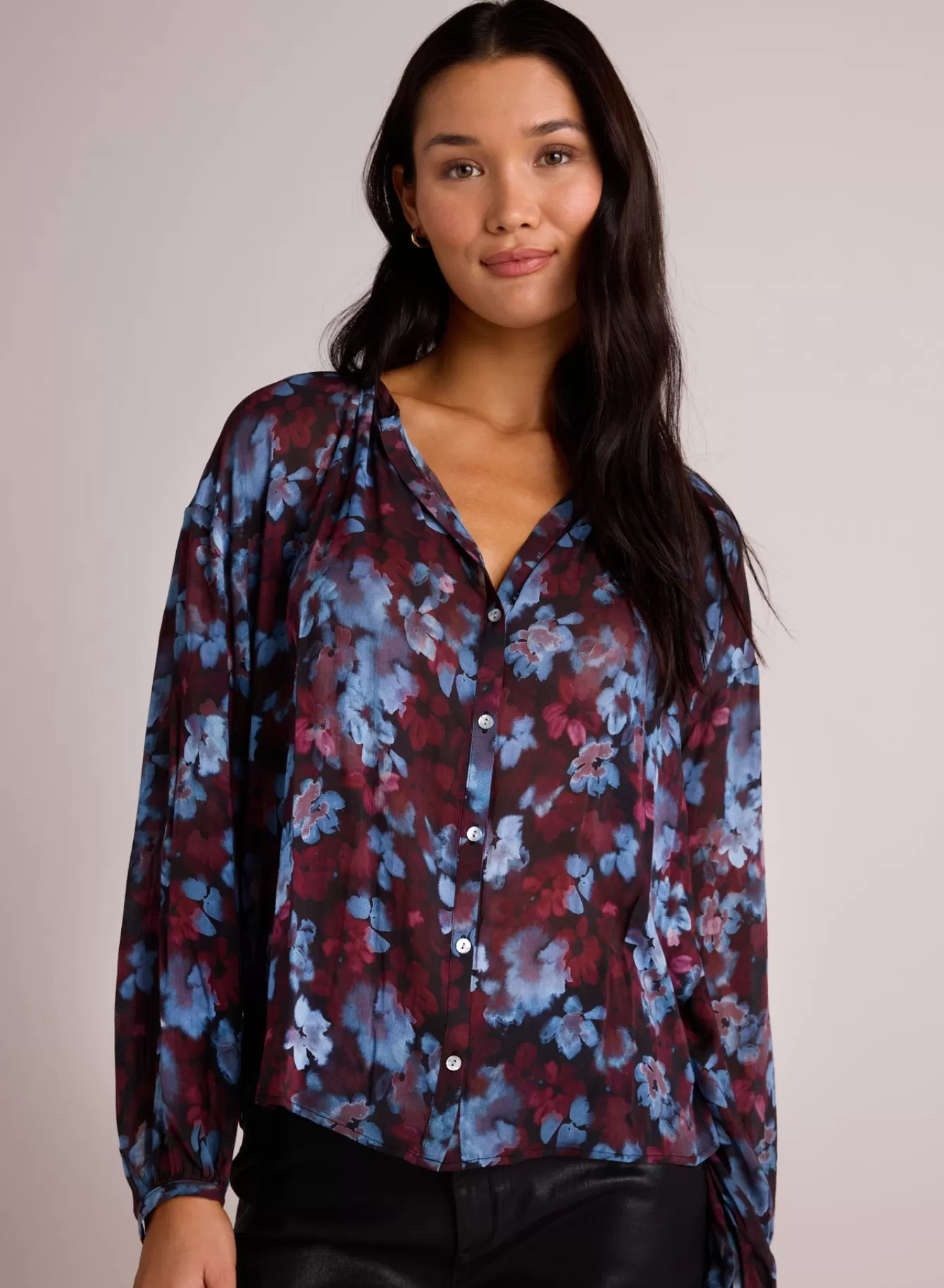 Bella Dahl Long Sleeve-Shirred Neck Blouse - Berry Bloom Print