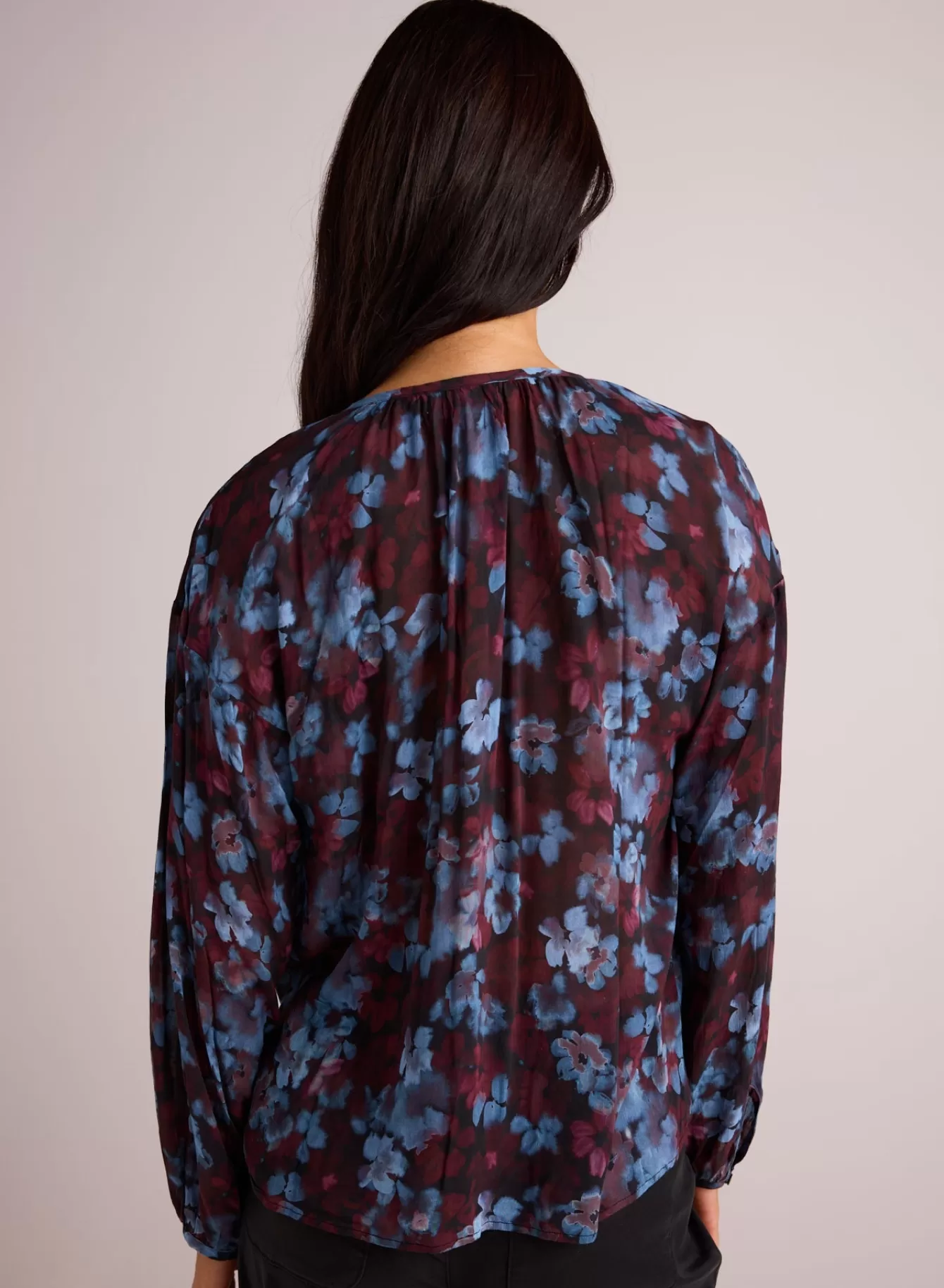 Bella Dahl Long Sleeve-Shirred Neck Blouse - Berry Bloom Print