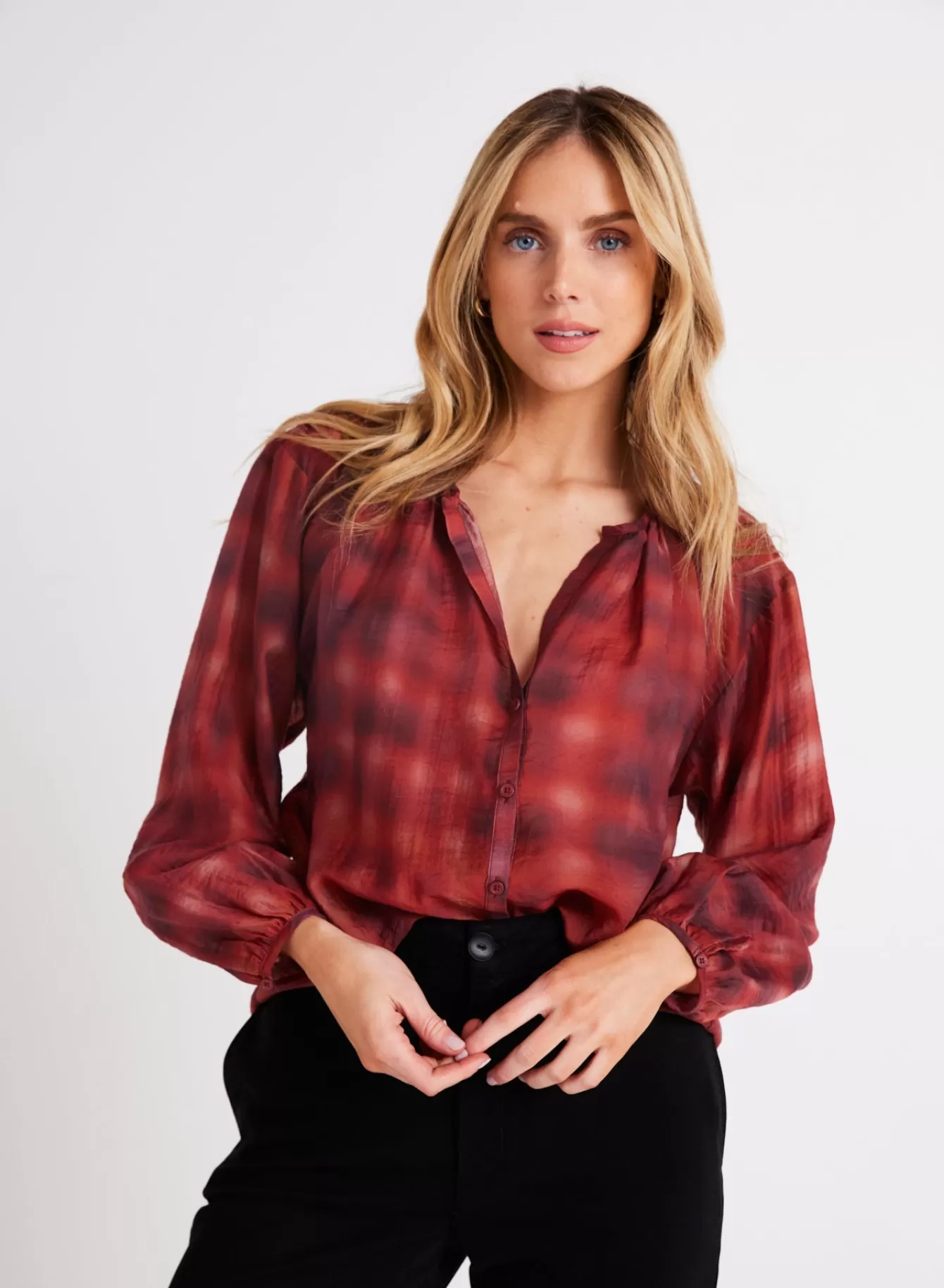 Bella Dahl Long Sleeve-Shirred Neck Blouse - Blurred Plaid Print