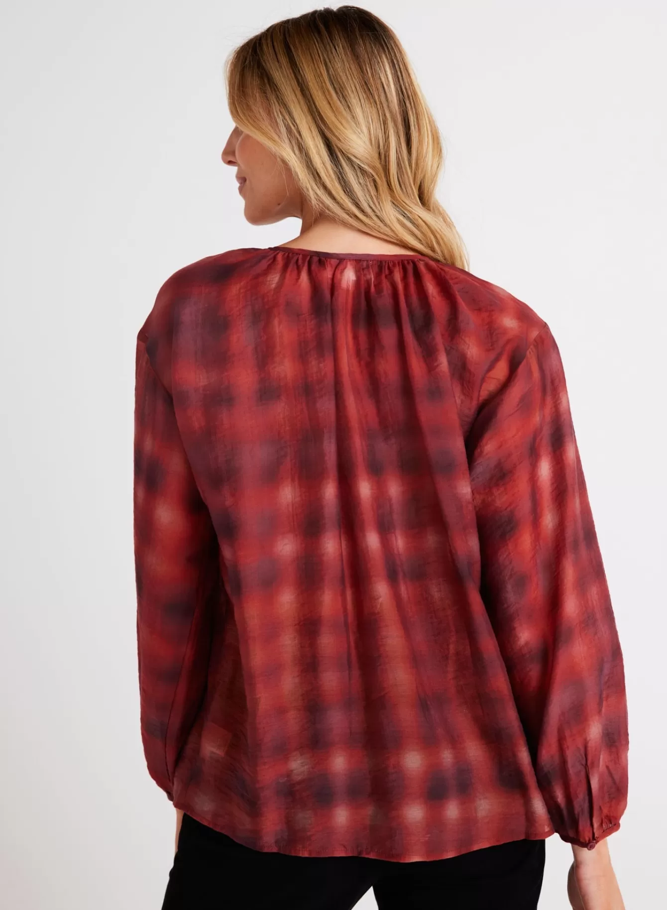 Bella Dahl Long Sleeve-Shirred Neck Blouse - Blurred Plaid Print