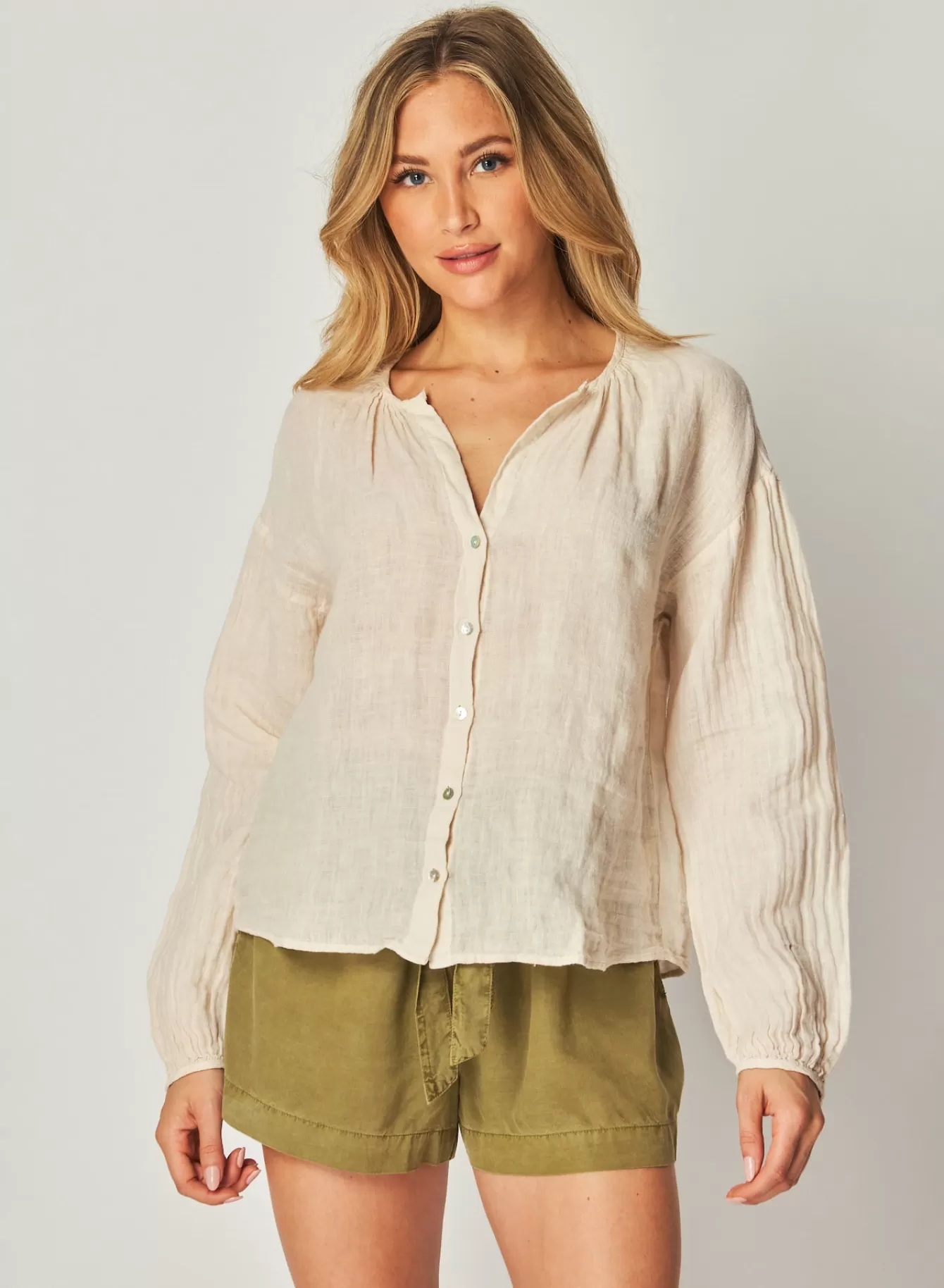 Bella Dahl Long Sleeve-Shirred Neck Blouse - Samba Tan