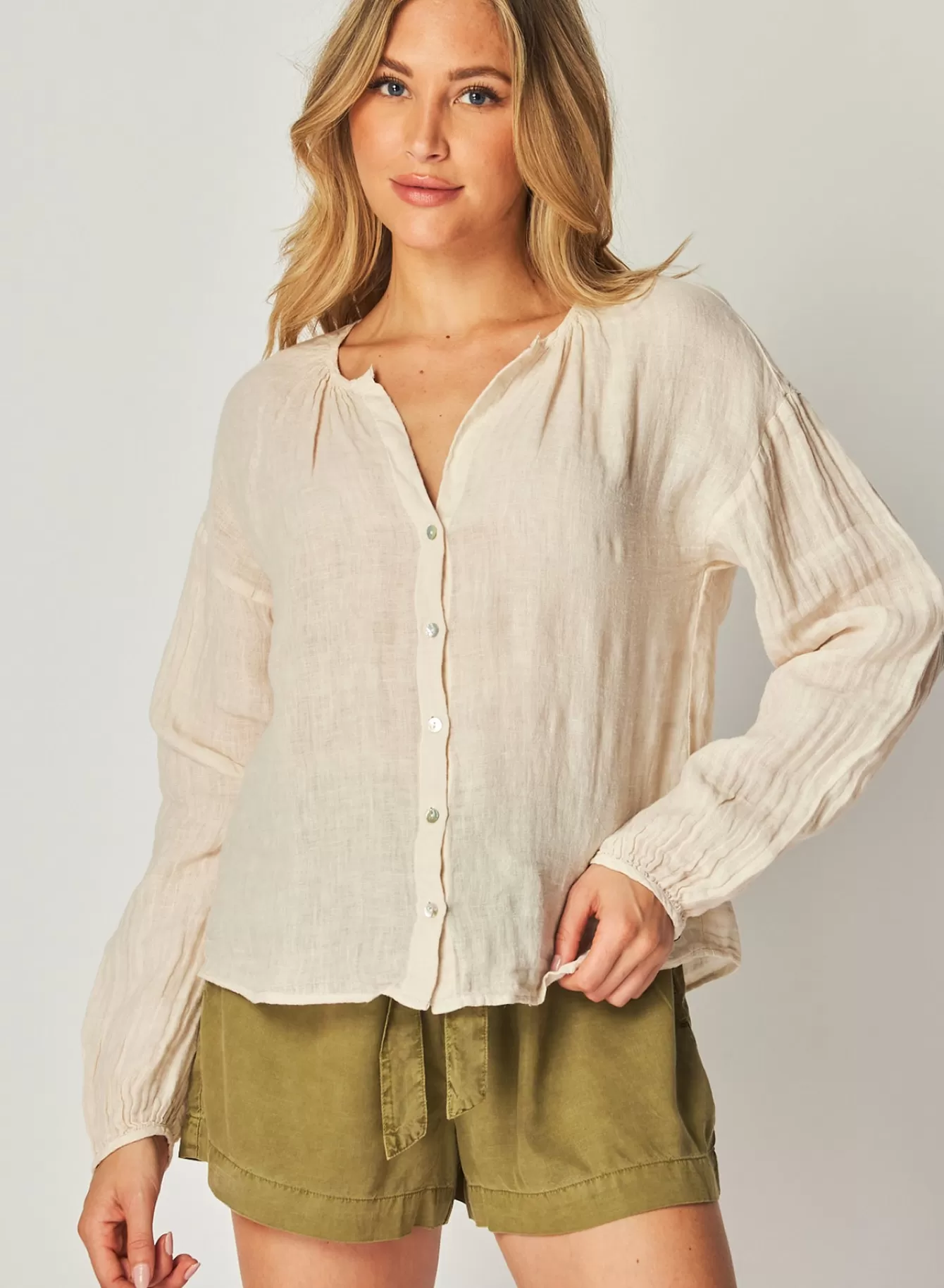 Bella Dahl Long Sleeve-Shirred Neck Blouse - Samba Tan