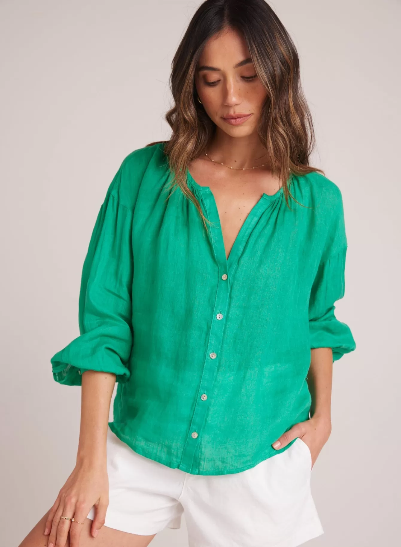 Bella Dahl Long Sleeve-Shirred Neck Blouse - Tropical Green