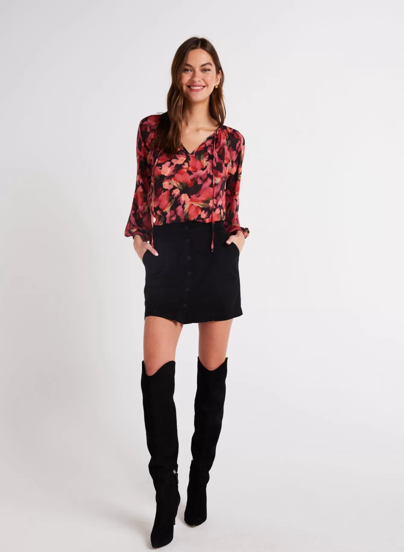 Bella Dahl Long Sleeve-Shirred Raglan Tie Front Blouse - Autumn Bloom Print