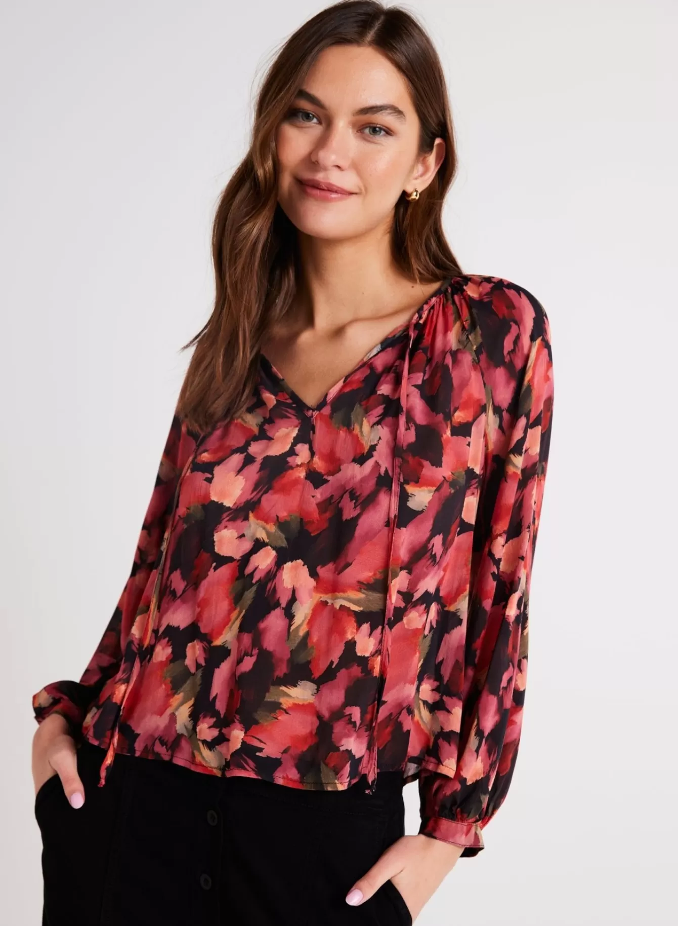 Bella Dahl Long Sleeve-Shirred Raglan Tie Front Blouse - Autumn Bloom Print