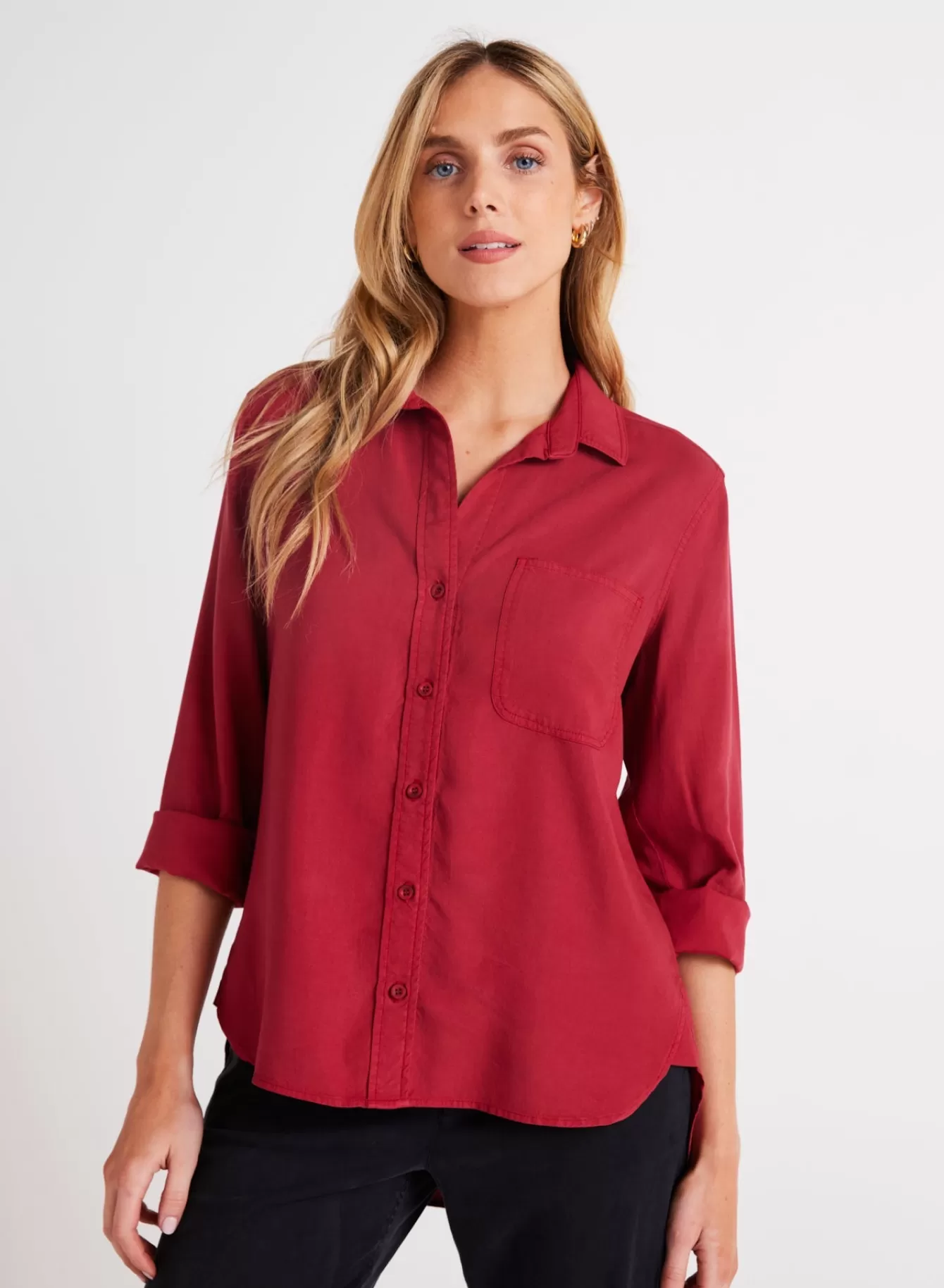 Bella Dahl Long Sleeve-Shirt Tail Button Down - Ruby Red