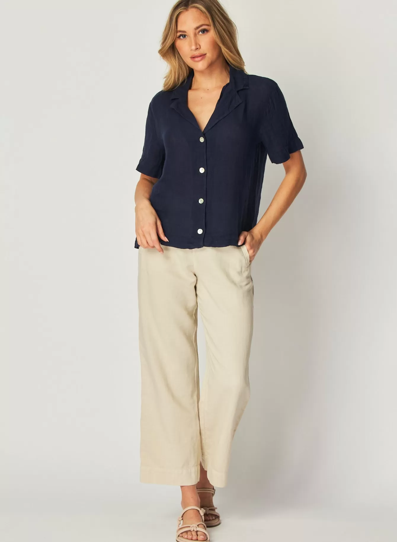 Bella Dahl Short Sleeve-Short Sleeve Flowy Button Down - Brazilian Navy