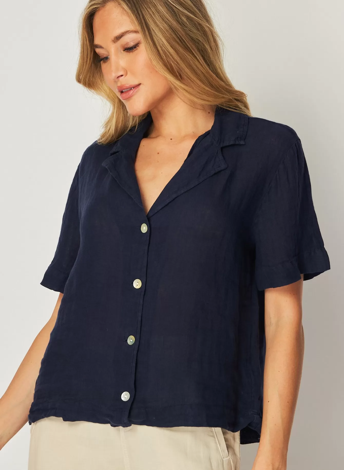 Bella Dahl Short Sleeve-Short Sleeve Flowy Button Down - Brazilian Navy