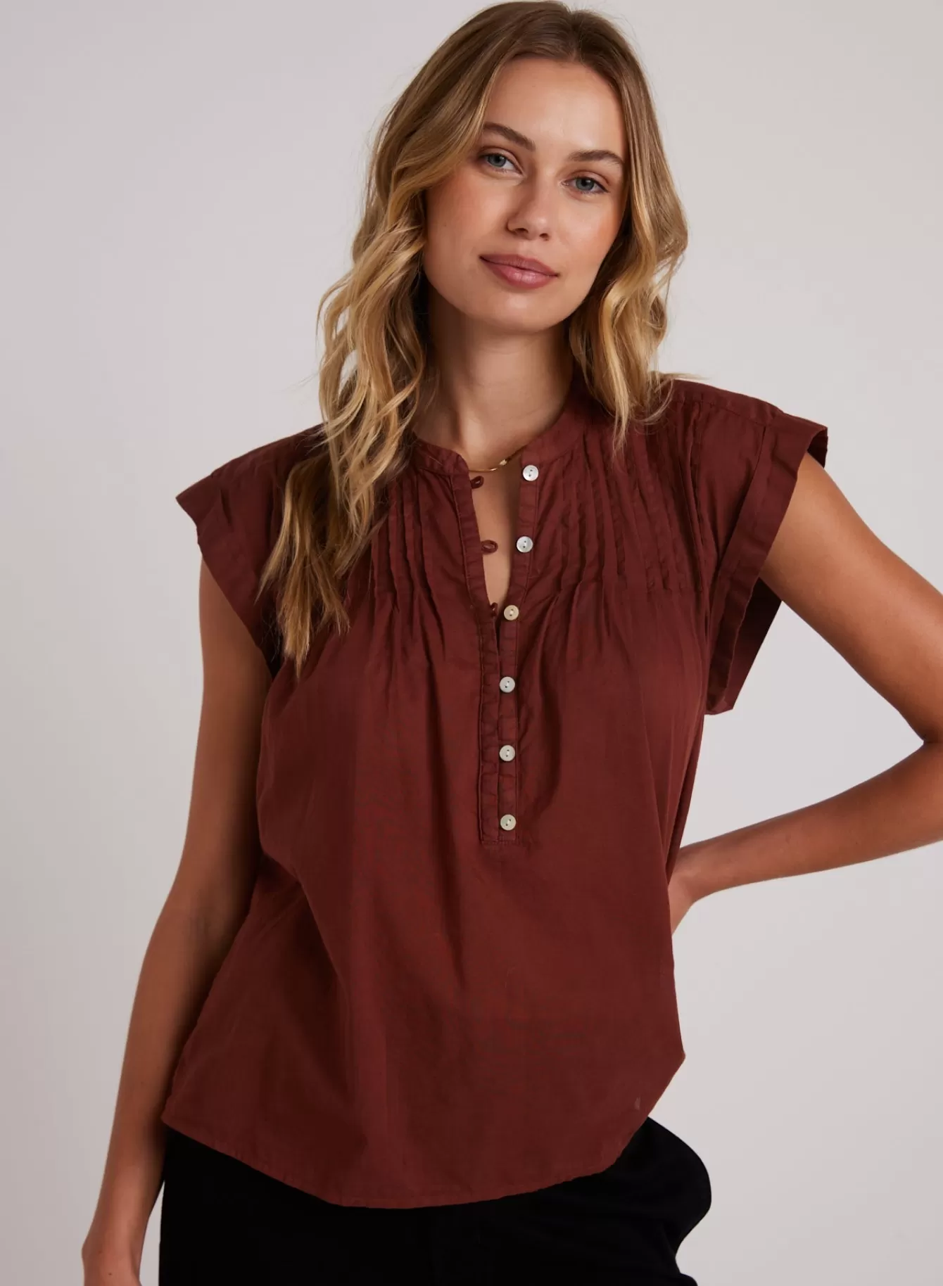 Bella Dahl Short Sleeve-Short Sleeve Pintuck Pullover - Cherry Mahogany