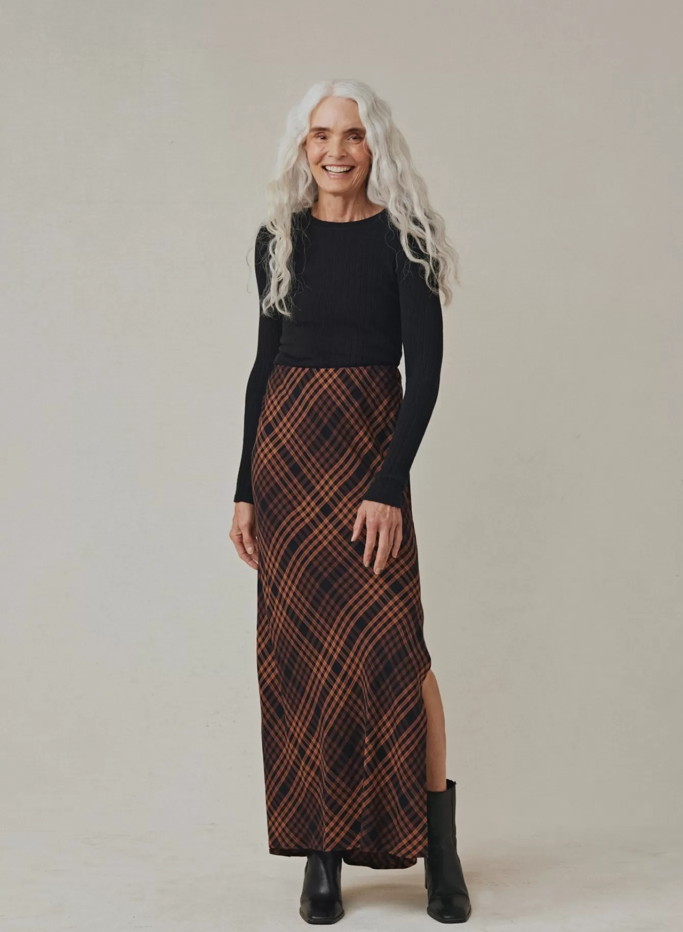 Bella Dahl Skirts-Side Slit Bias Maxi Skirt - Autumn Ember Plaid