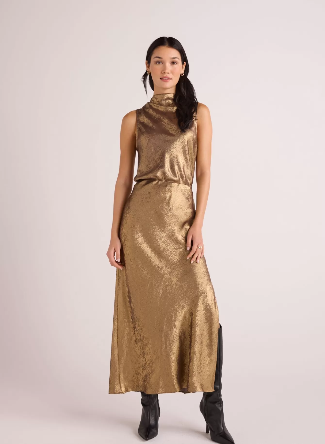 Bella Dahl Skirts-Side Slit Bias Maxi Skirt - Gold Metallic