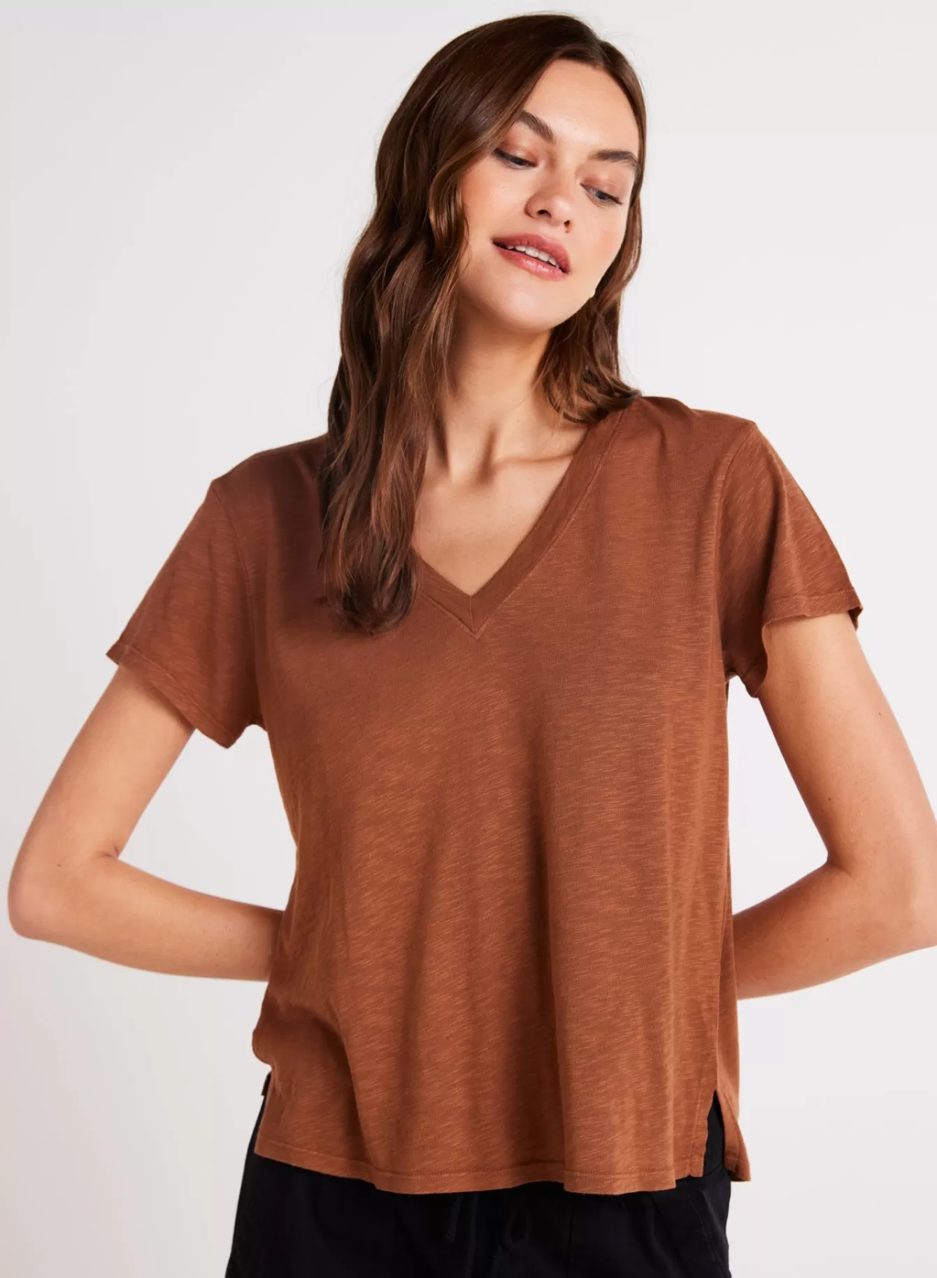 Bella Dahl Essentials Tops-Side Slit V-Neck Tee - Twilight Gold