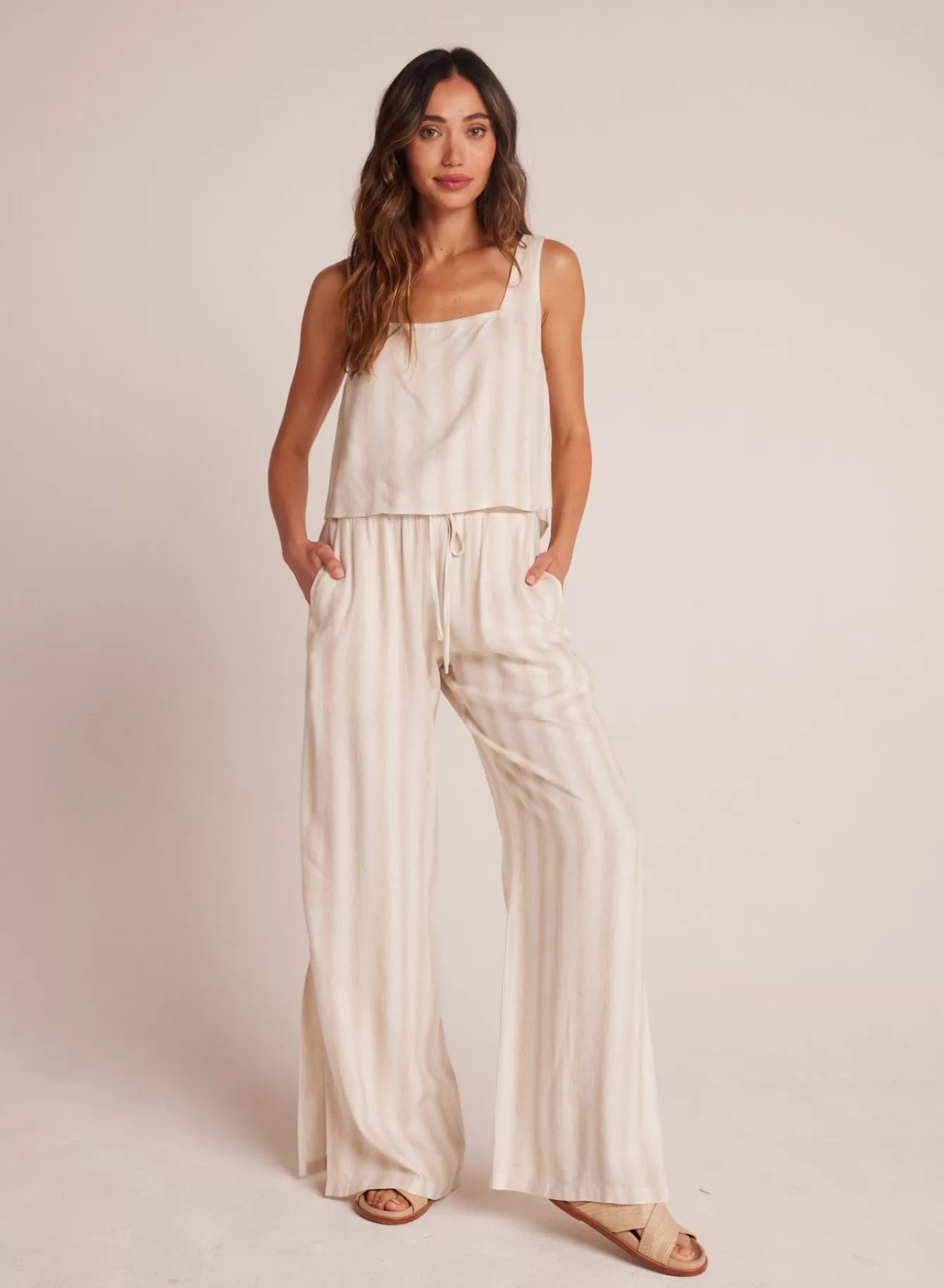 Bella Dahl Pants-Side Slit Wide Leg Pant - Playa Sand Stripe