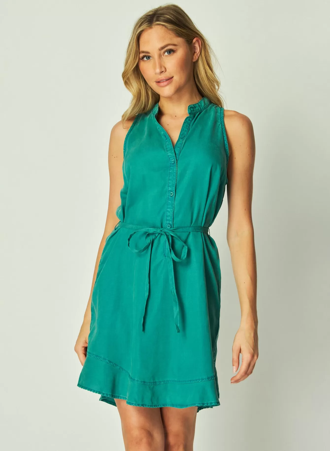 Bella Dahl Short Dresses-Sleeveless Ruffle Hem Placket Dress - Deep Azure