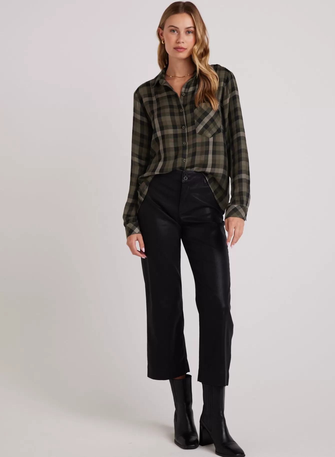 Bella Dahl Long Sleeve-Slouchy Pocket Button Down - Olive Plaid