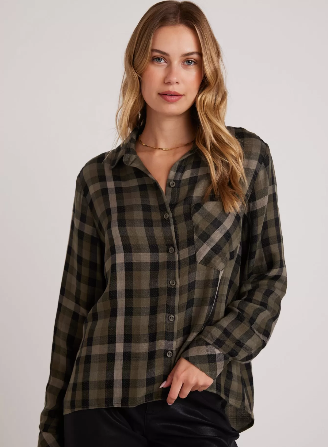 Bella Dahl Long Sleeve-Slouchy Pocket Button Down - Olive Plaid