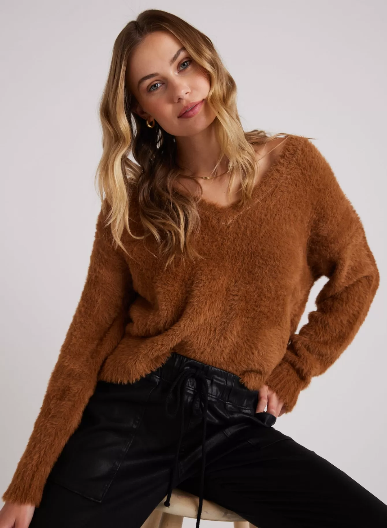 Bella Dahl Seasonal Essentials-Slouchy V-Neck Fuzzy Sweater - Twilight Gold