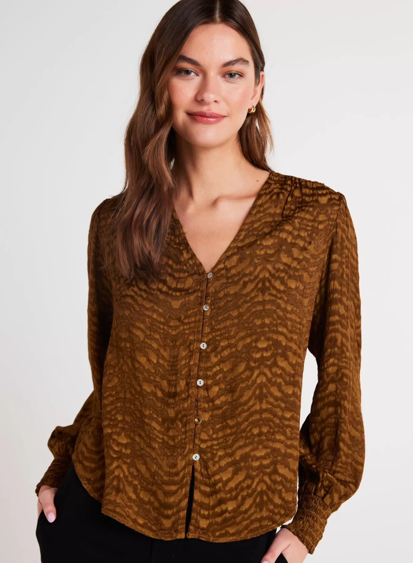 Bella Dahl Long Sleeve-Smocked Cuff Button Down - Bronzed Olive