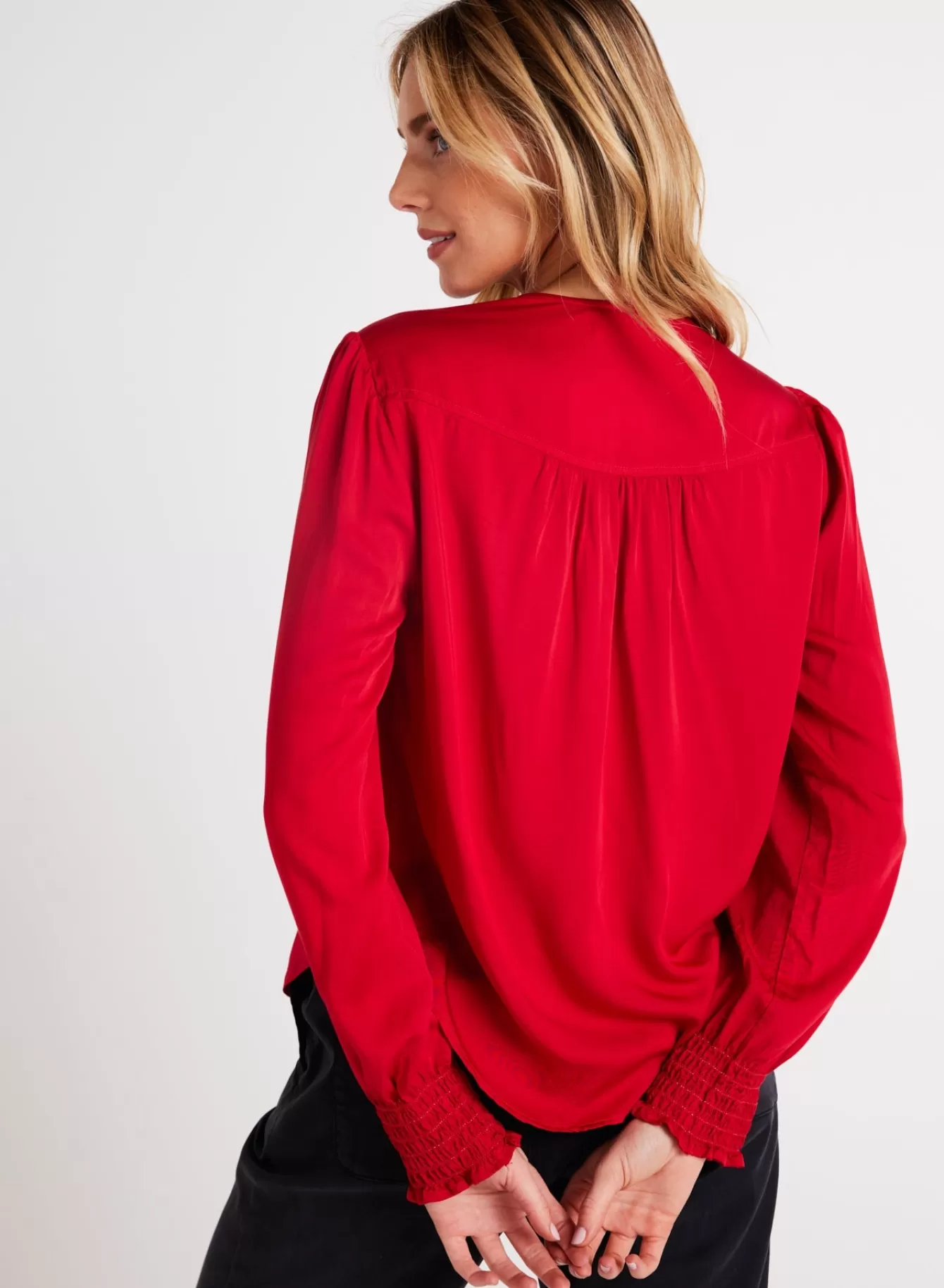 Bella Dahl Essentials Tops-Smocked Cuff Button Down - Cherry Red