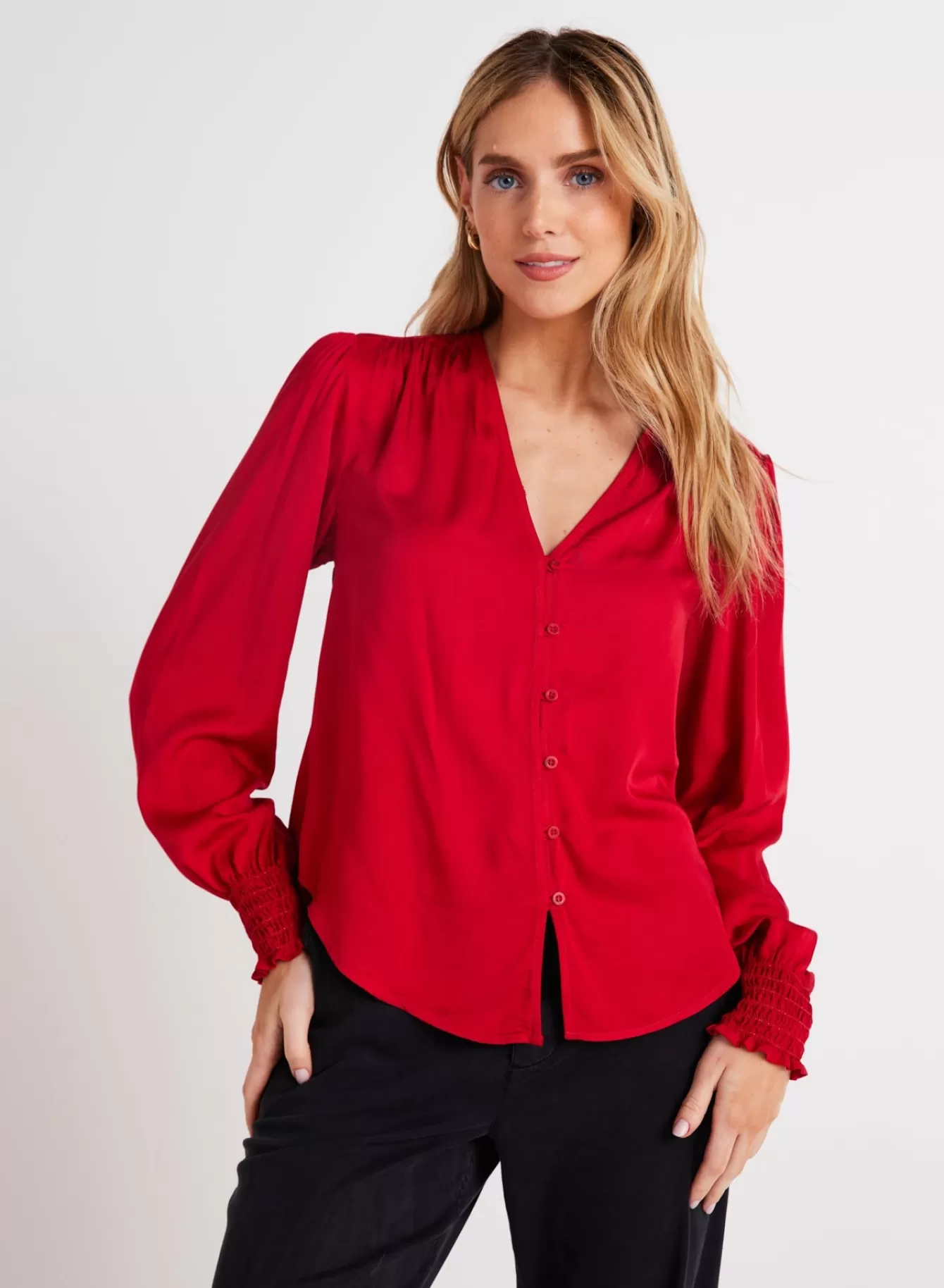 Bella Dahl Seasonal Essentials-Smocked Cuff Button Down - Cherry Red