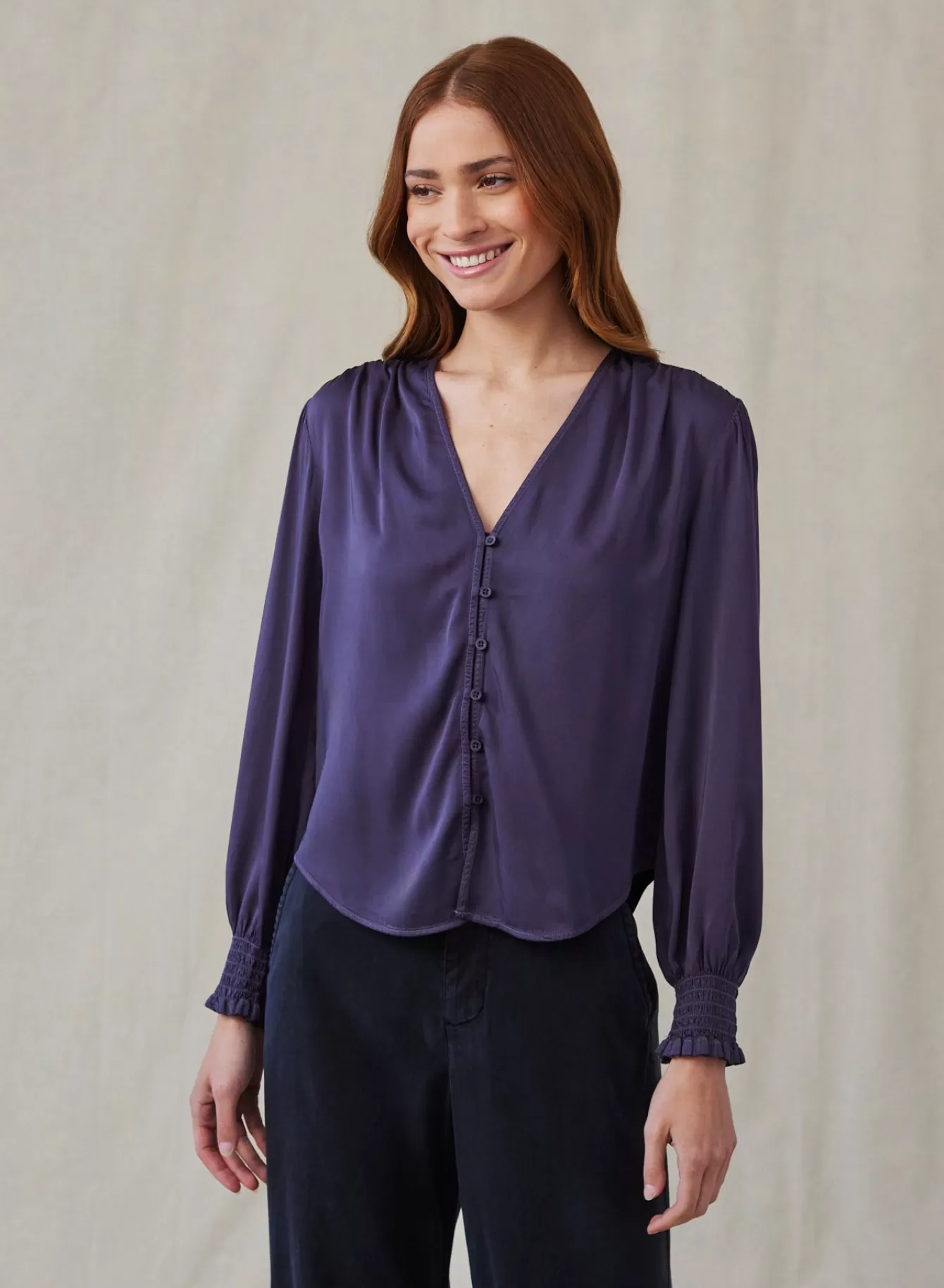 Bella Dahl Essentials Tops-Smocked Cuff Button Down - Galaxy Smoke