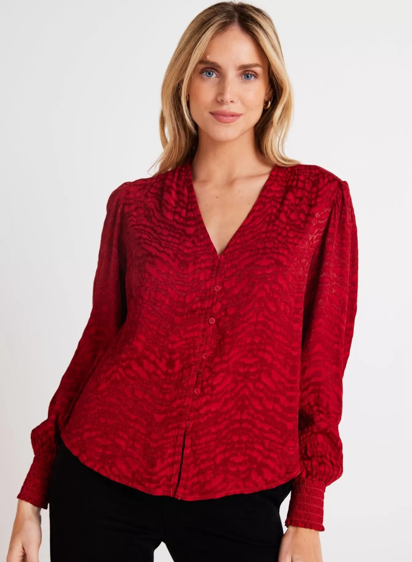 Bella Dahl Long Sleeve-Smocked Cuff Button Down - Garnet Red