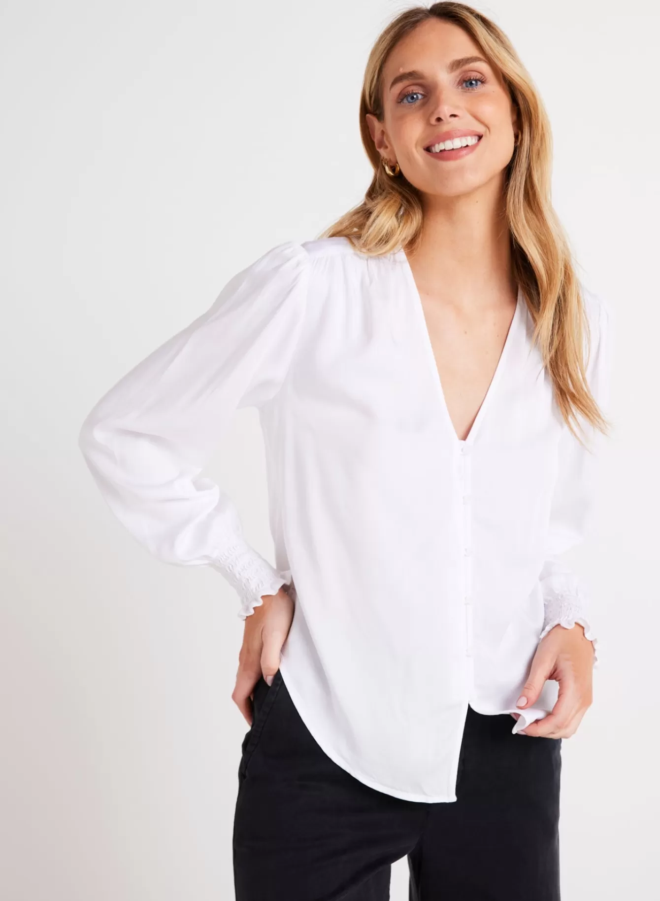 Bella Dahl Essentials Tops-Smocked Cuff Button Down -