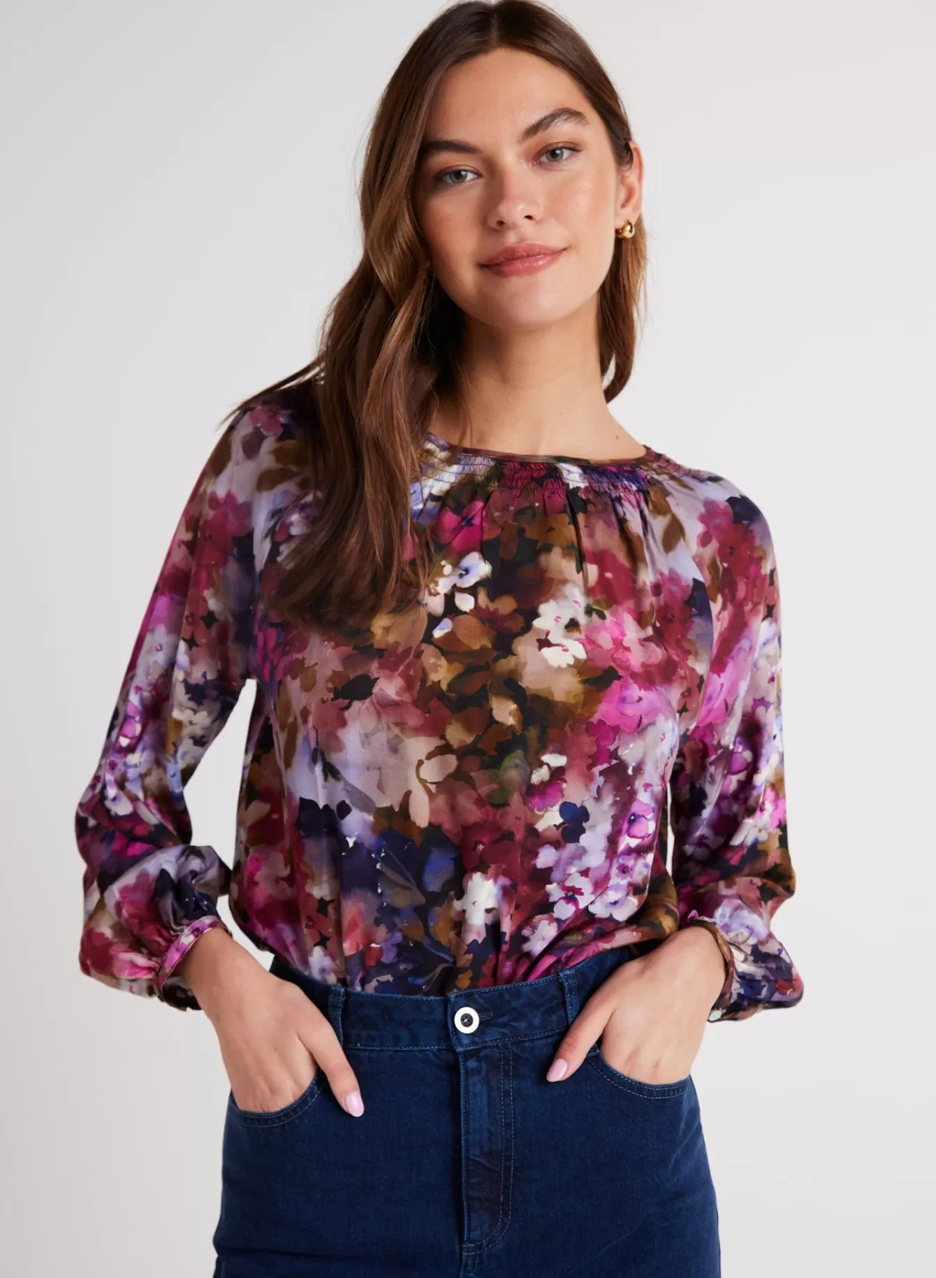 Bella Dahl Long Sleeve-Smocked Neck Raglan Sleeve Top - Twilight Fleur Print