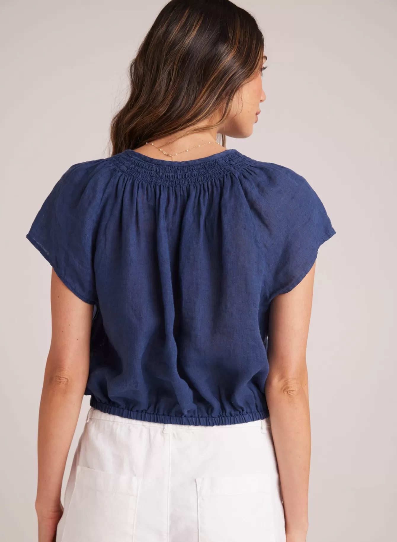 Bella Dahl Short Sleeve-Smocked Tie Top - Brazilian Navy