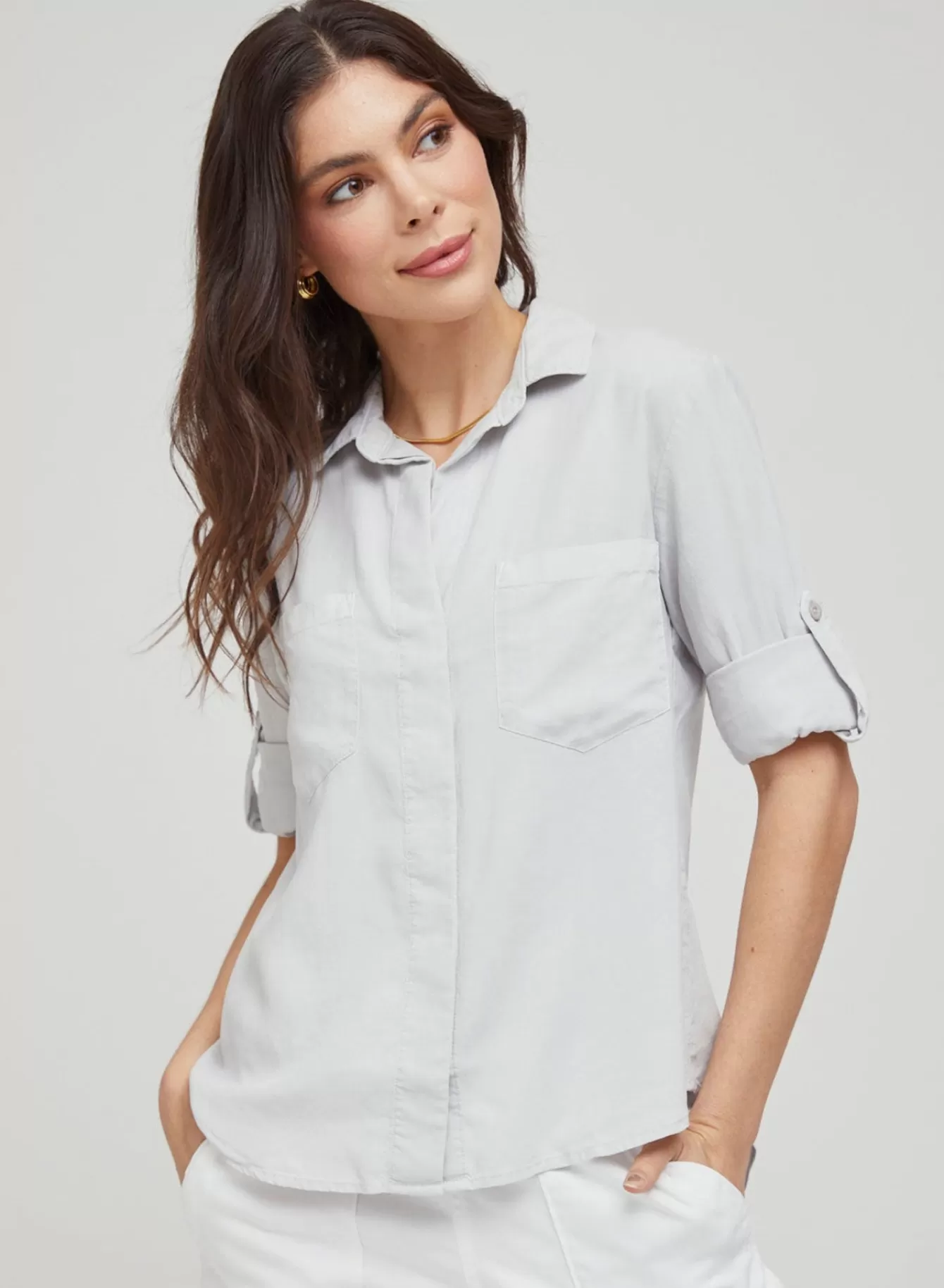 Bella Dahl Essentials Tops-Split Back Button Down - Foggy Sky