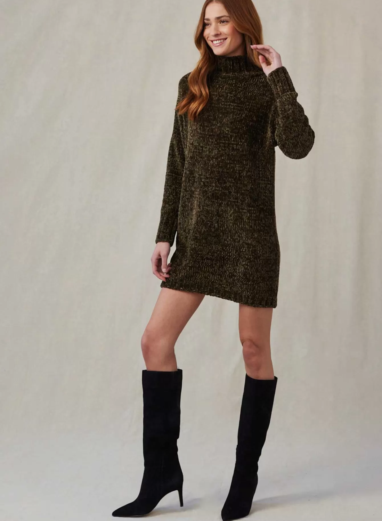 Bella Dahl Seasonal Essentials-Turtle Neck Chenille Sweater Dress - Italian Herb