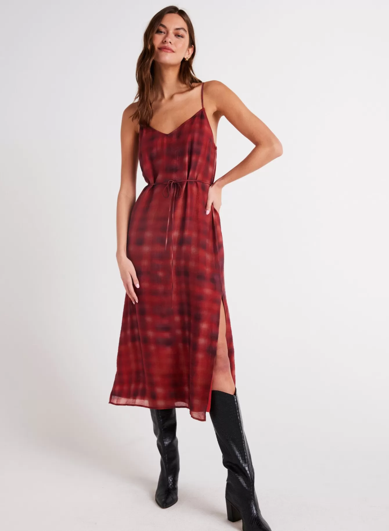 Bella Dahl Long Dresses-V-Neck Cami Shift Dress - Blurred Plaid Print