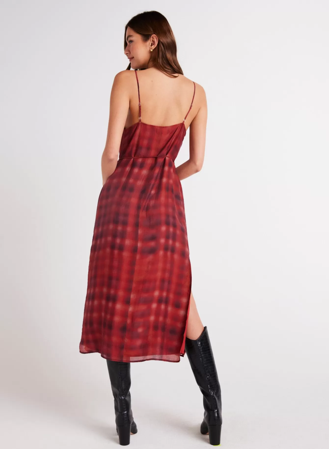 Bella Dahl Long Dresses-V-Neck Cami Shift Dress - Blurred Plaid Print