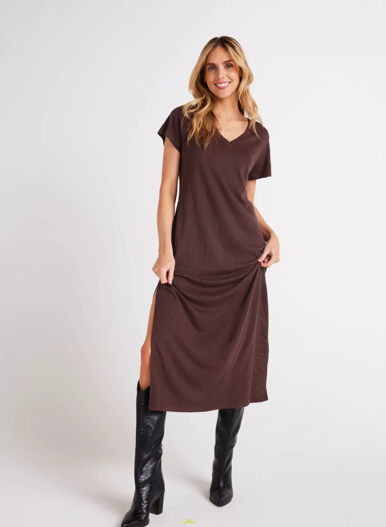 Bella Dahl Long Dresses-V-Neck Knit Maxi Dress - Chestnut Brown