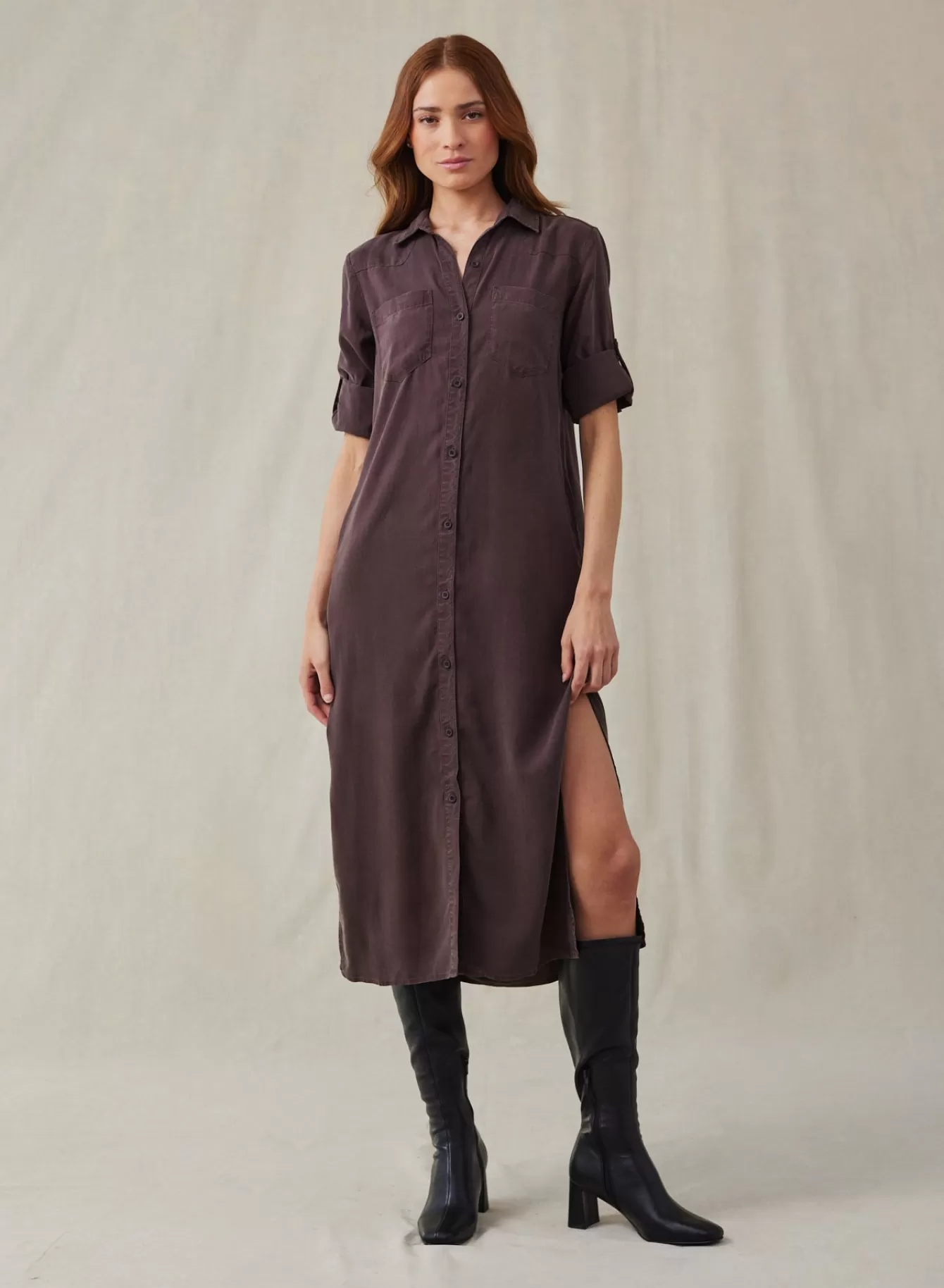 Bella Dahl Essentials Dresses-Western Yoke Duster Dress - Chestnut Brown