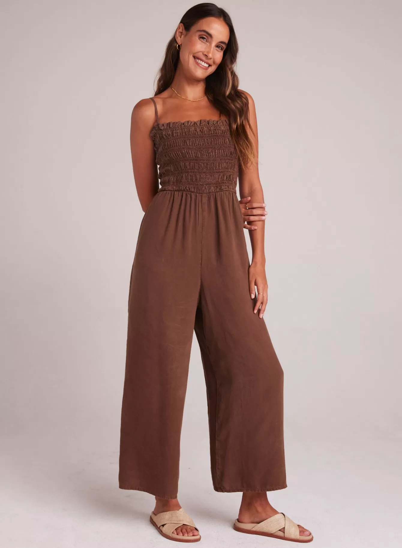 Bella Dahl Rompers & Jumpsuits-Wide Leg Smocked Ruffle Jumpsuit - Botanical Brown