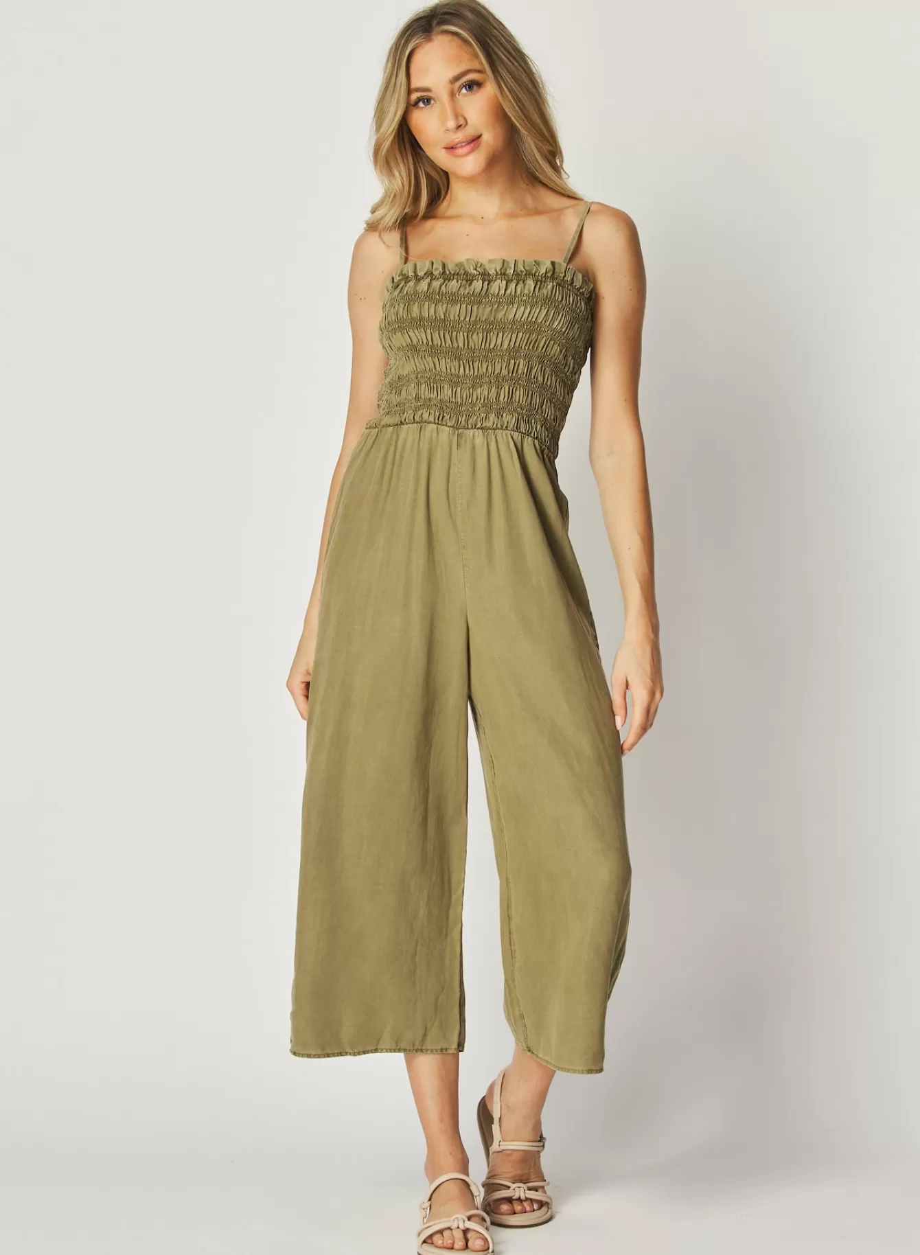 Bella Dahl Rompers & Jumpsuits-Wide Leg Smocked Ruffle Jumpsuit - French Olive