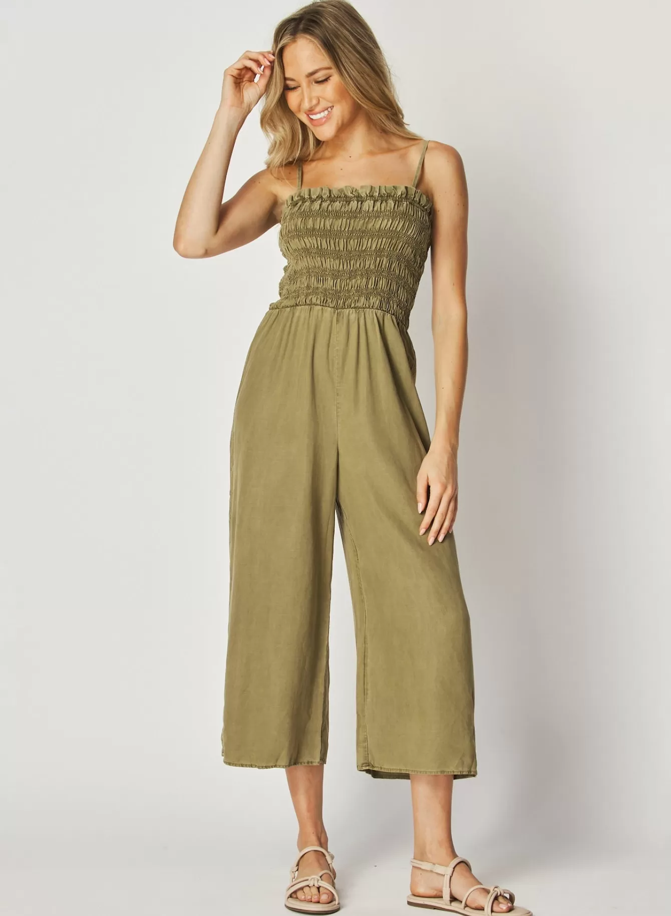 Bella Dahl Rompers & Jumpsuits-Wide Leg Smocked Ruffle Jumpsuit - French Olive