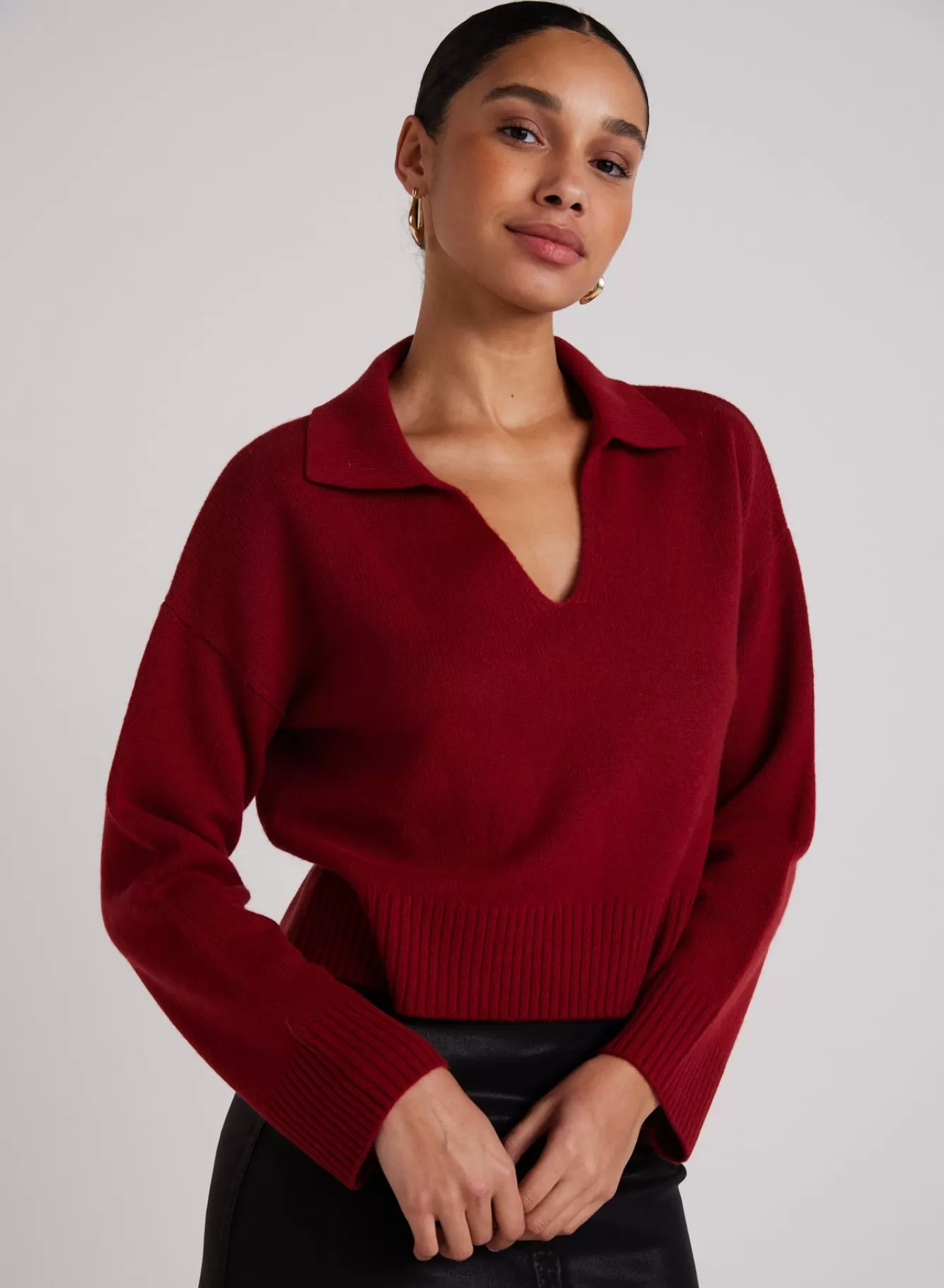 Bella Dahl Sweaters-Wool and Cashmere Blend Collared Sweater - Garnet Red