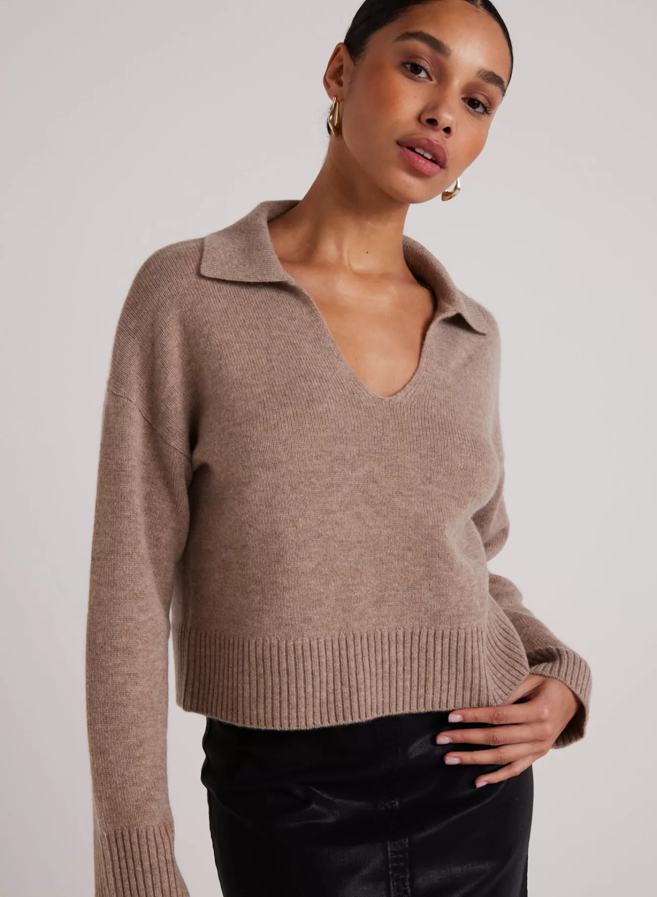 Bella Dahl Sweaters-Wool and Cashmere Blend Collared Sweater  - Heather Fawn